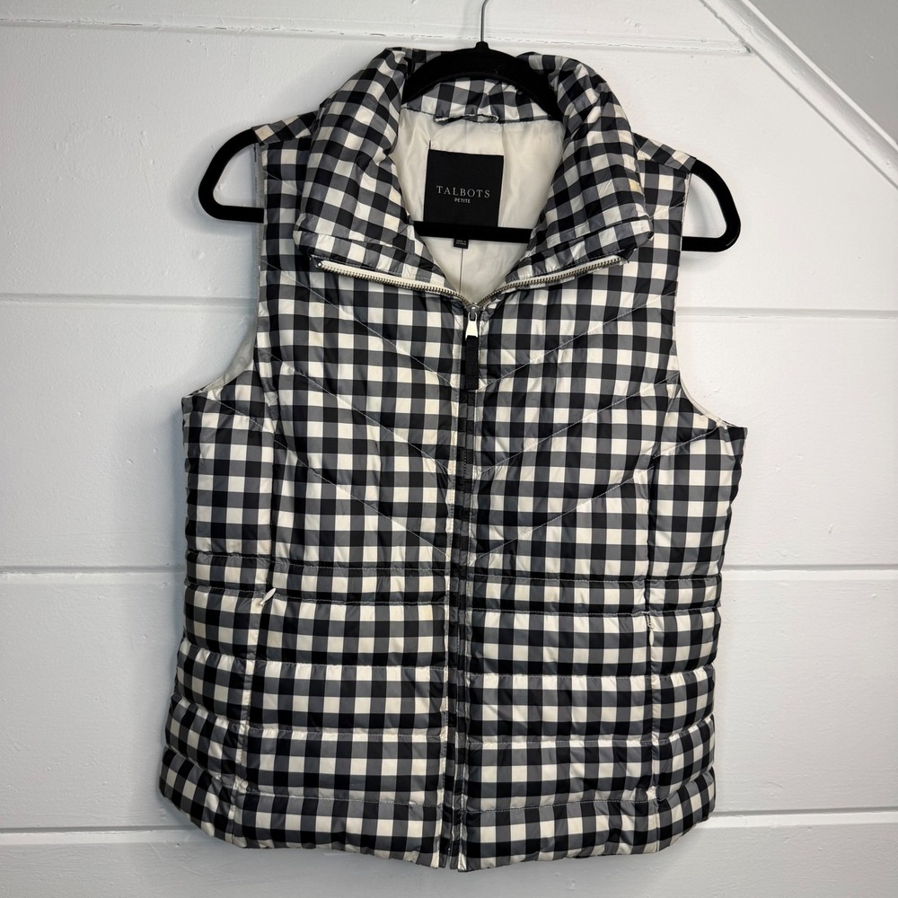 Talbots‎ Petite Medium Gingham Puffer Vest Down Fill Black White NEW